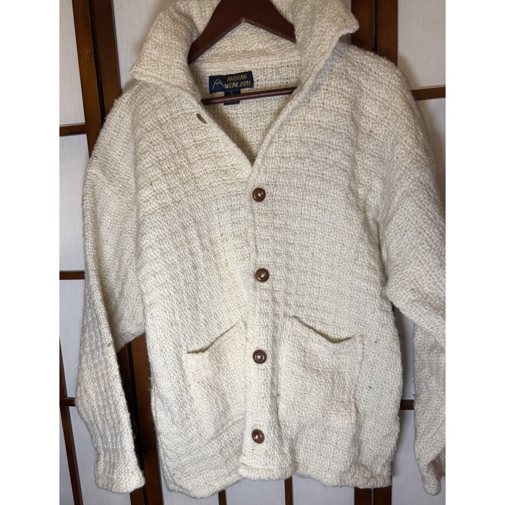 Andean Wool Waffle Chunky Knit Gorpcore Ecuadorean Cardigan Sweater Collared L